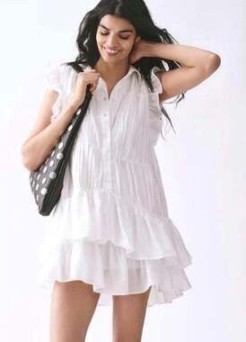 Anthropologie White Ruffle Tiered Sleeveless Button-Down Mini Dress
